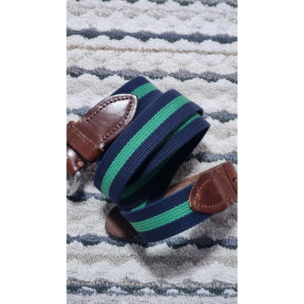 J Crew Men's Navy Green Woven Canvas Leather Belt Size 36